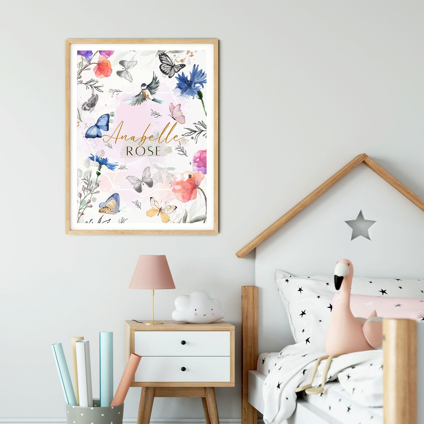Names with Love. Birds and Butterfly Print.