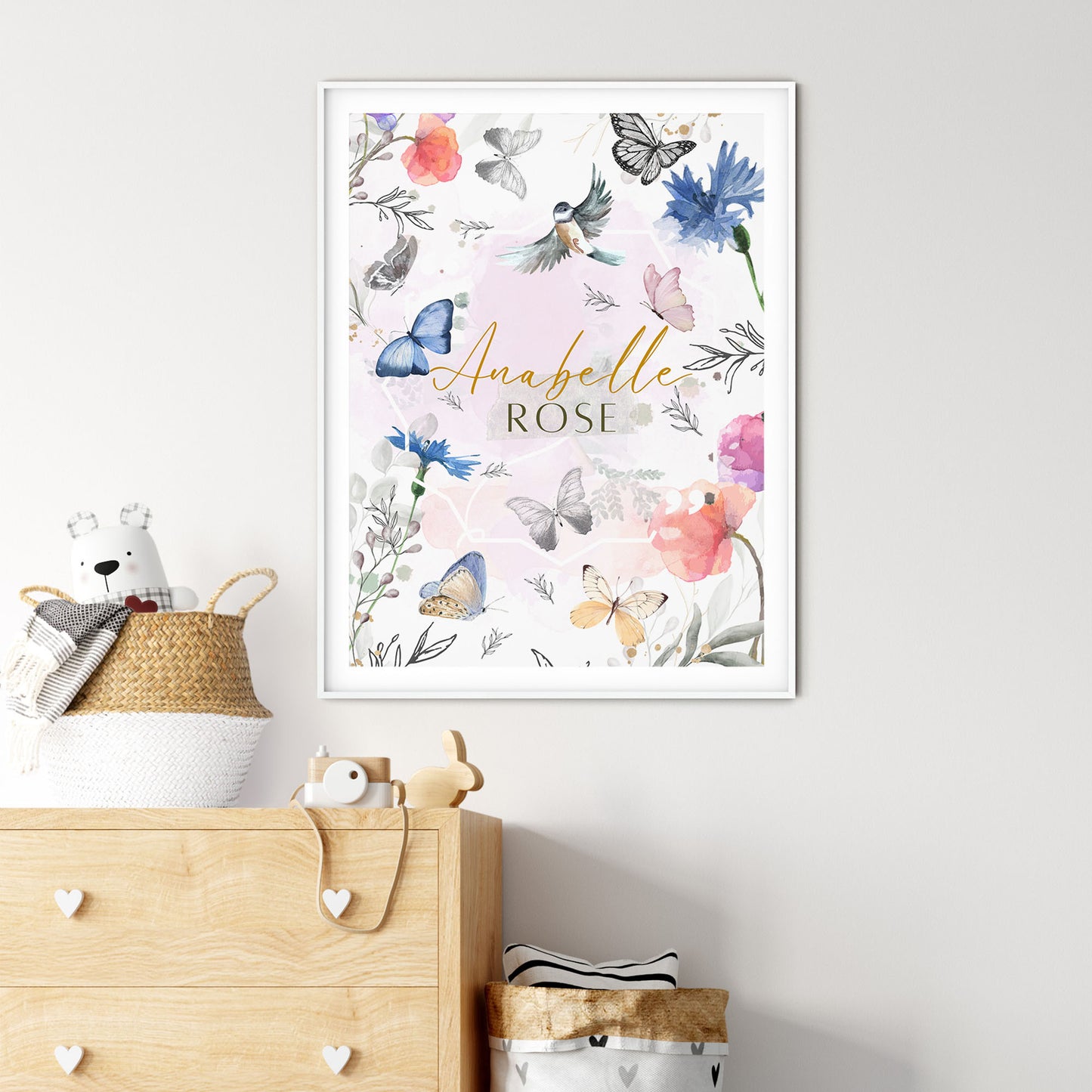 Names with Love. Birds and Butterfly Print.