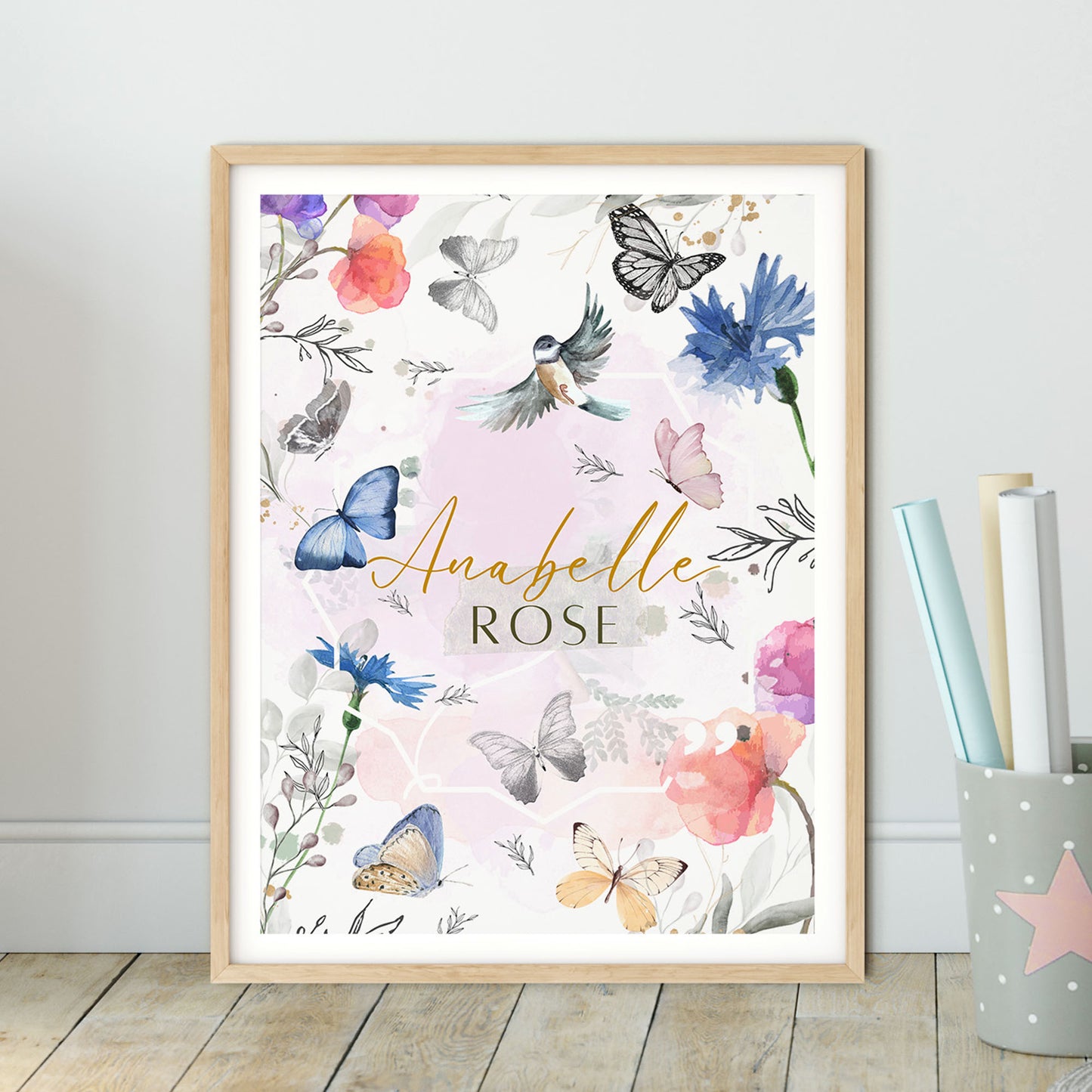 Names with Love. Birds and Butterfly Print.